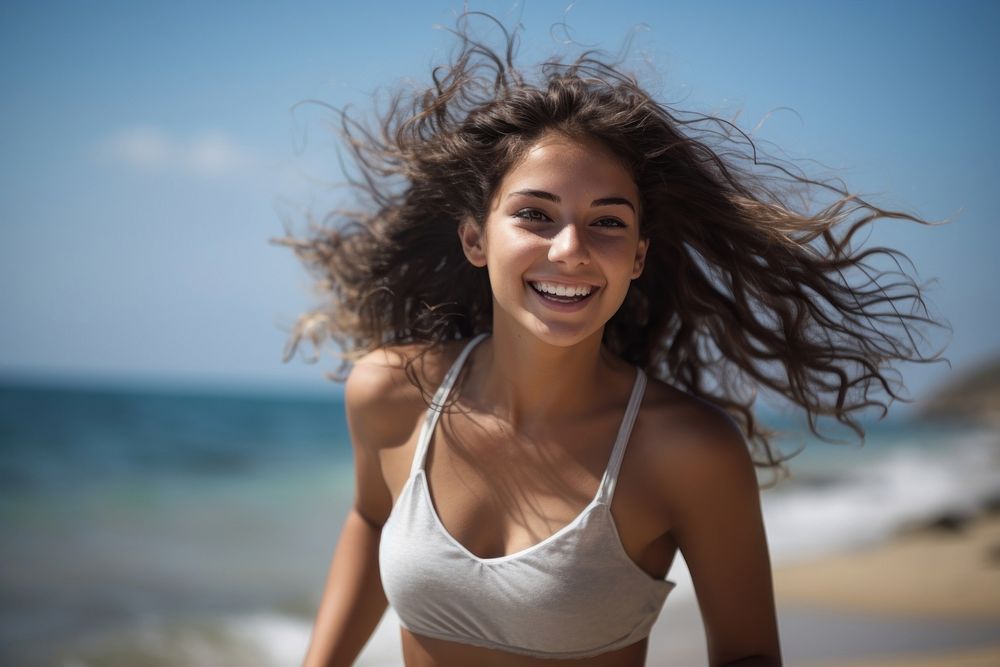 Running swimwear laughing beach. 