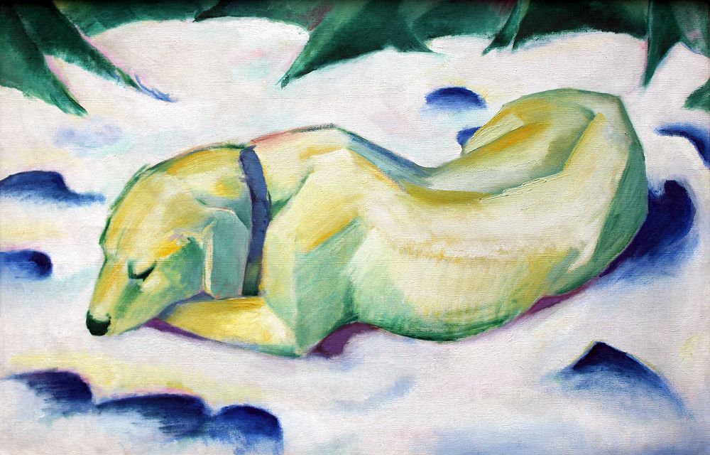 Dog Lying in the Snow (1911) expressionism, vintage animal illustration by Franz Marc. Original public domain image from…