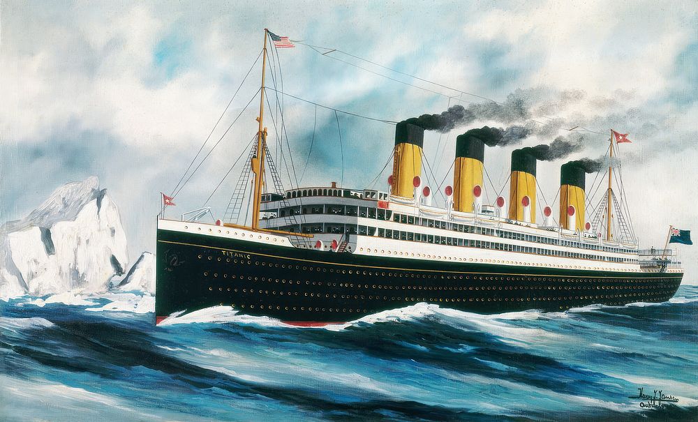 The steamship Titanic (1913), vintage oil painting by Harry J. Jansen. Original public domain image from Wikimedia Commons.…
