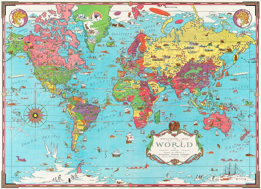 Mercator map of the world (1931), world map by Ernest Dudley Chase. Original public domain image from Digital Commonwealth.…