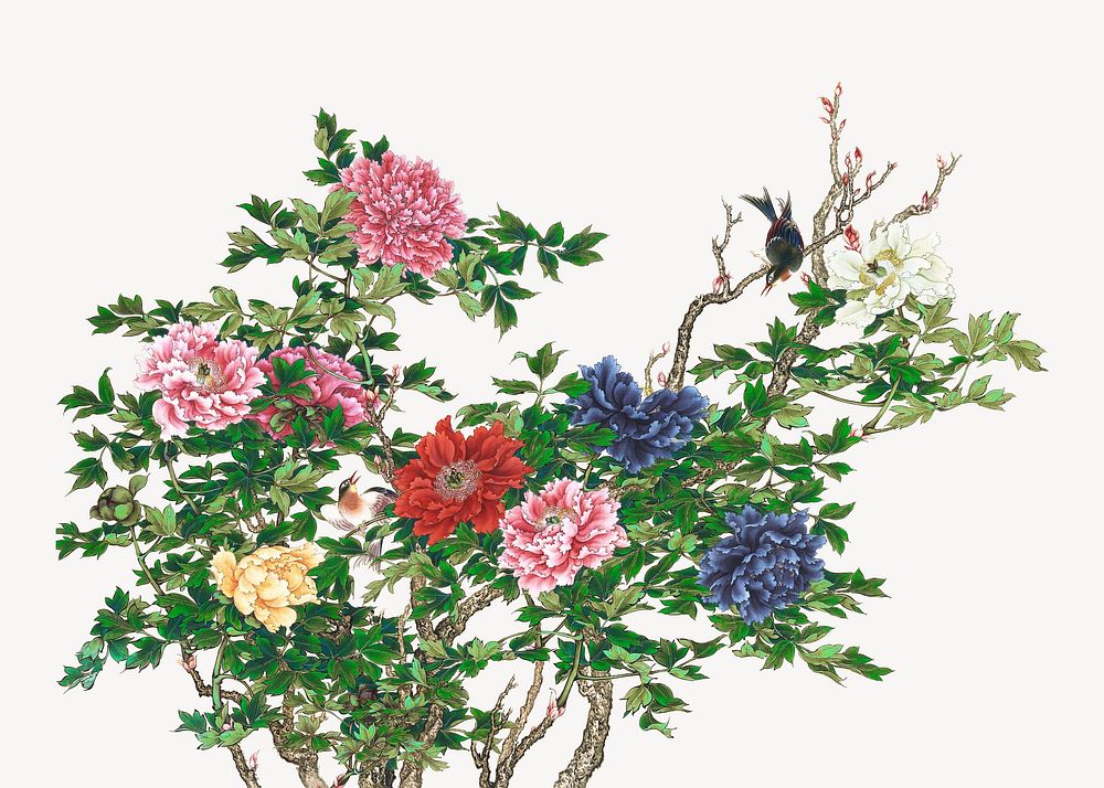 Peonies and Birds, vintage flower illustration by Okamoto Shuki. Remixed by rawpixel.