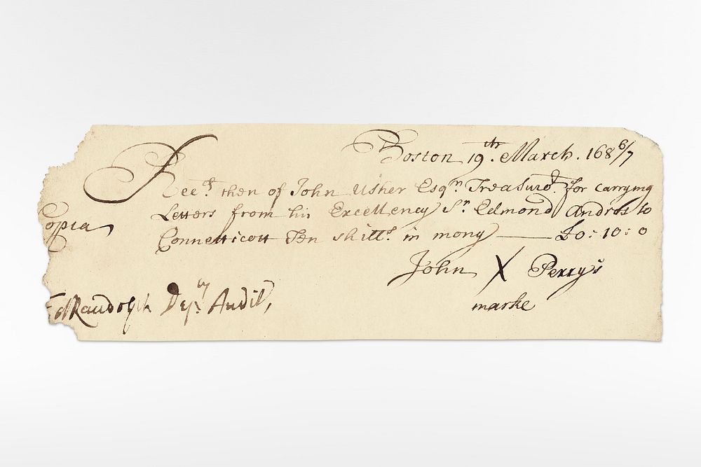 Post rider receipt (1687), vintage note by Edmund Andros. Original public domain image from The Smithsonian Institution.…