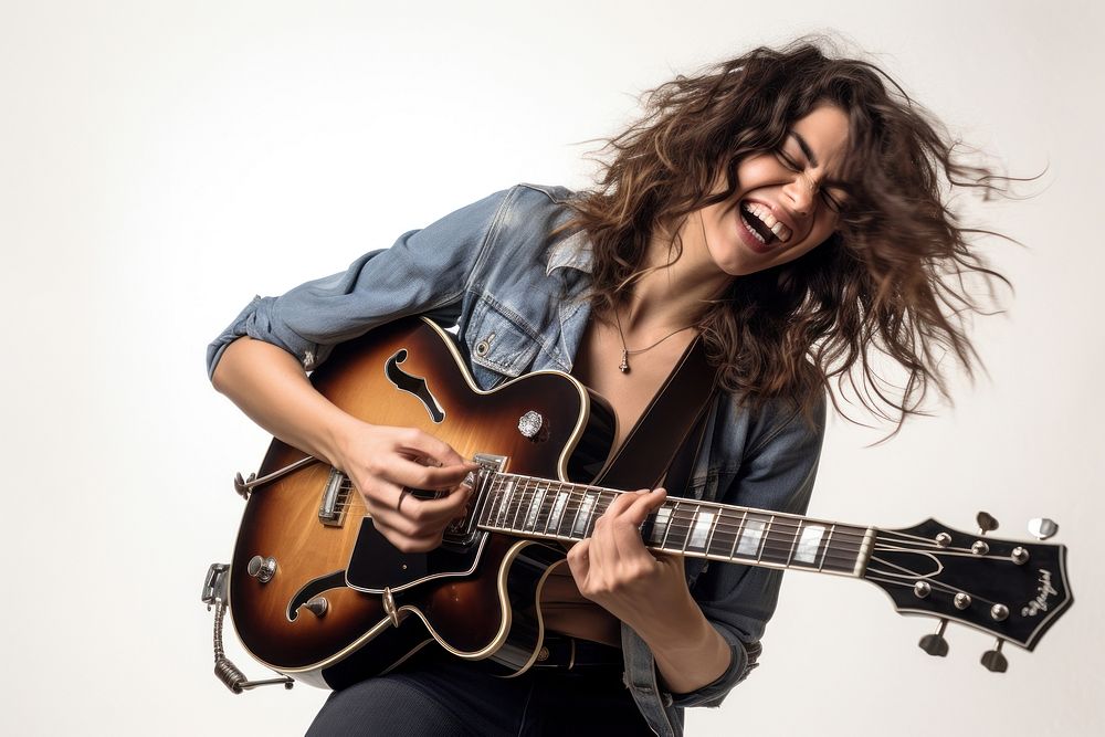 Guitarist plays guitar musician white background individuality. 