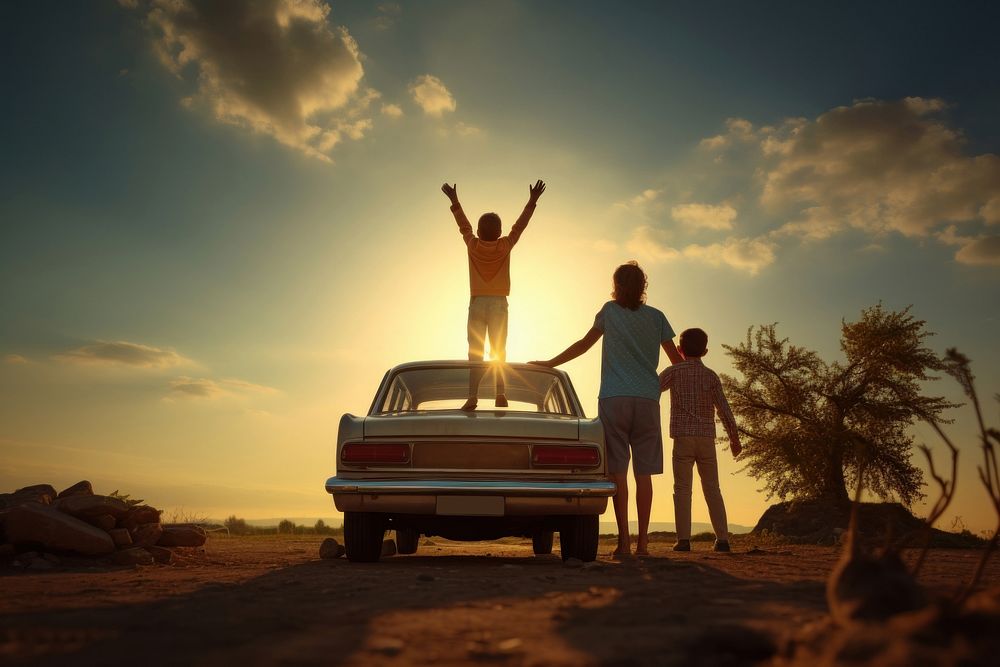 Family stand beside car outdoors vacation vehicle. AI generated Image by rawpixel.