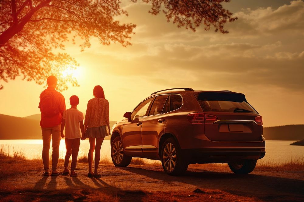 Family stand beside car vacation vehicle sun. AI generated Image by rawpixel.