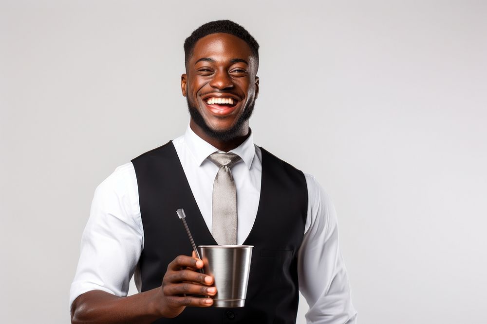 Happy smiling african american barman adult white background refreshment. AI generated Image by rawpixel.