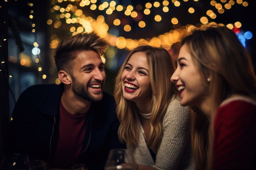 Friends enjoying xmas laughing portrait smile. AI generated Image by rawpixel.