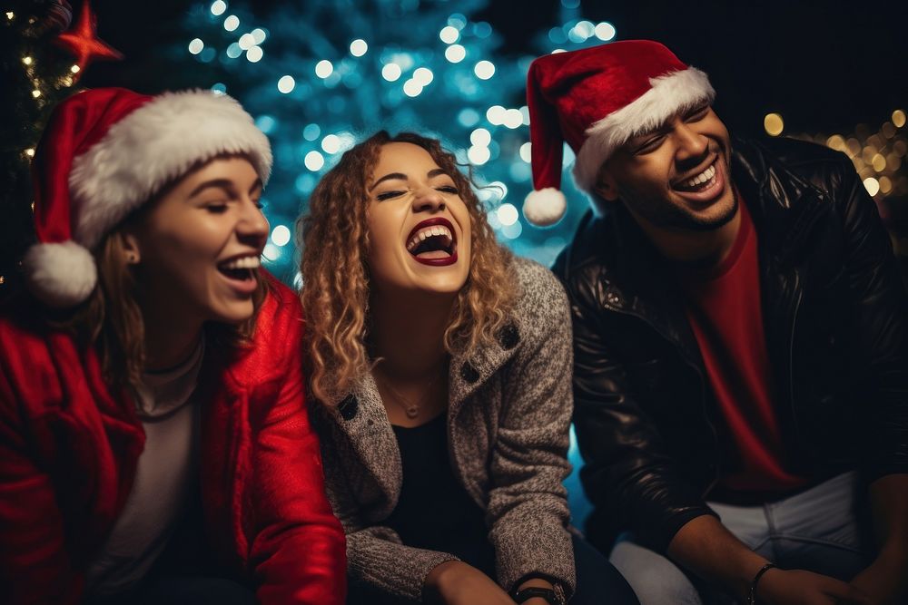 Friends enjoying xmas laughing portrait adult. AI generated Image by rawpixel.