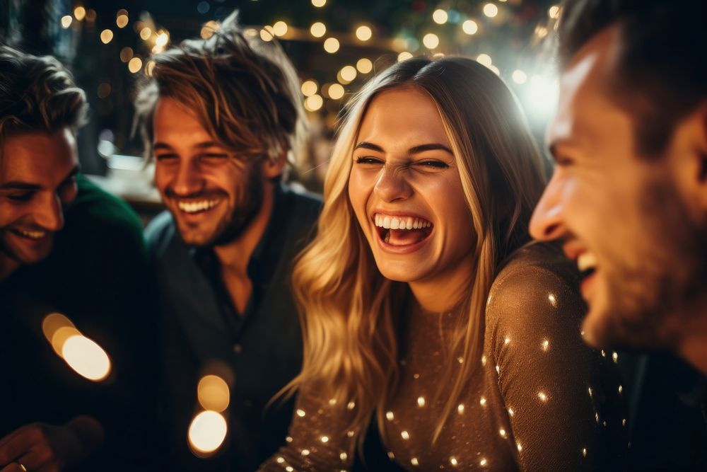 Friends enjoying xmas laughing portrait adult. AI generated Image by rawpixel.