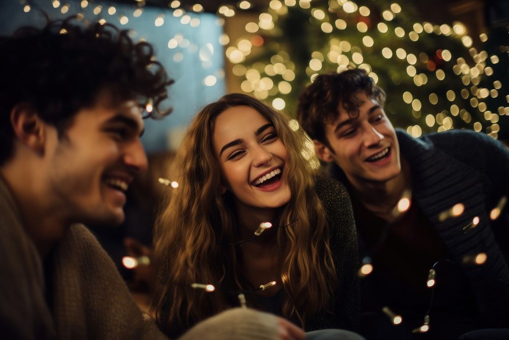 Friends enjoying xmas laughing portrait adult. AI generated Image by rawpixel.