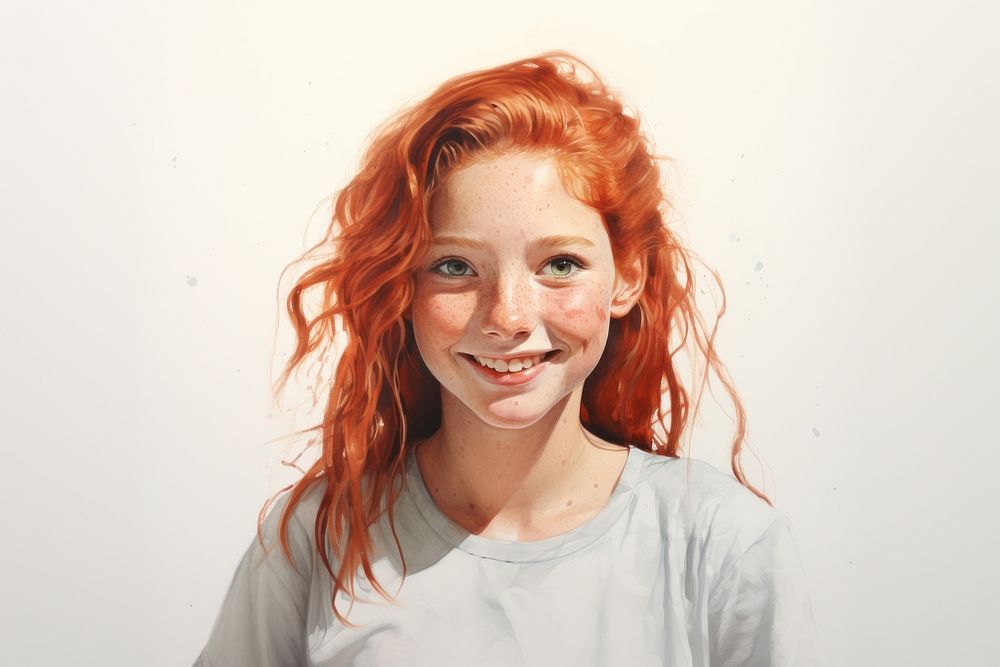 Freckles girl portrait smiling drawing. AI generated Image by rawpixel.