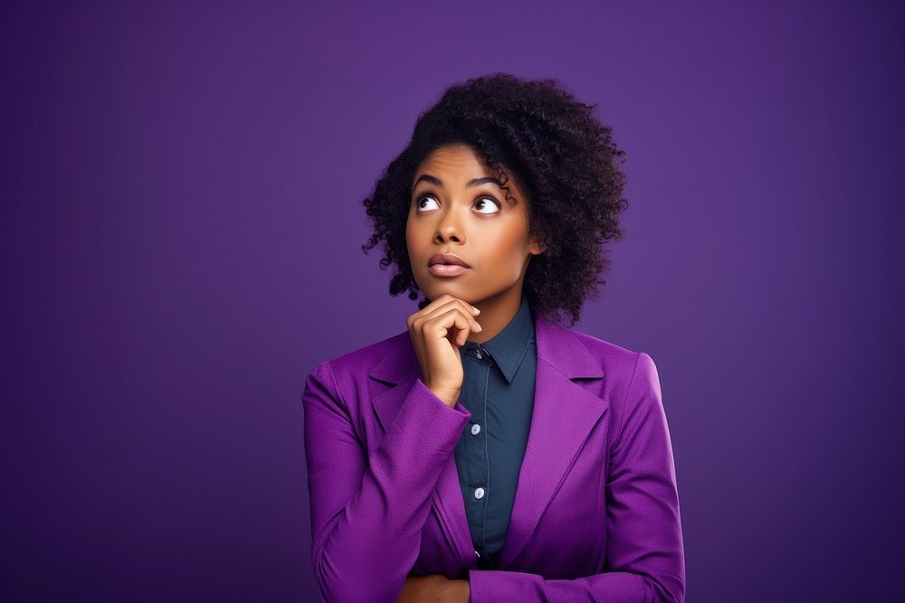 Young woman purple portrait jacket. 