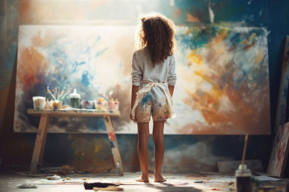 Painting female child paintbrush. AI generated Image by rawpixel.