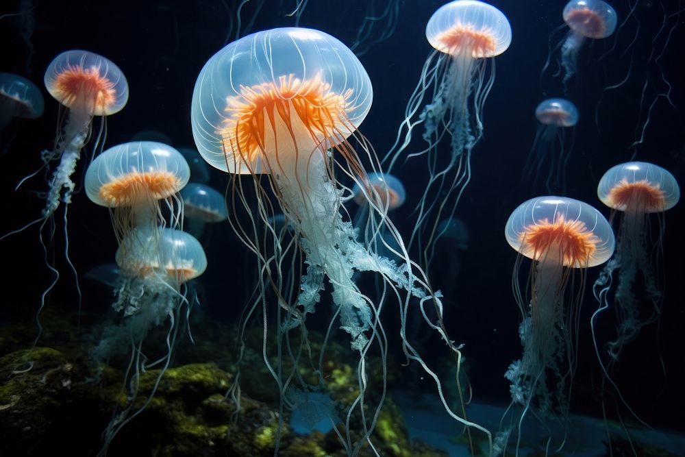Moon jelly field jellyfish aquarium outdoors. 
