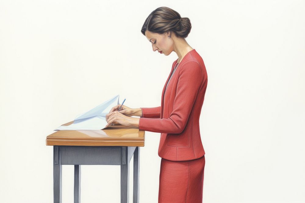 Woman placing ballot furniture standing table. AI generated Image by rawpixel.