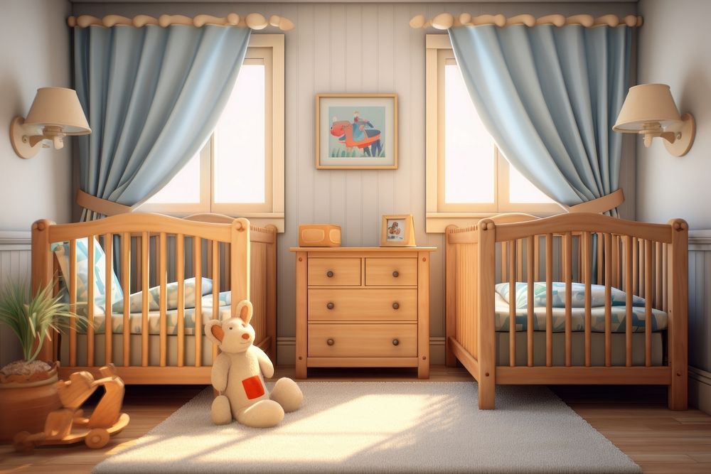 Cozy nursery twins crib room. 