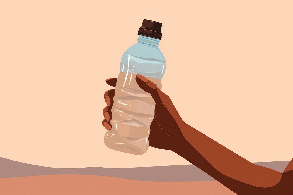 Plastic water bottle holding hand refreshment. 