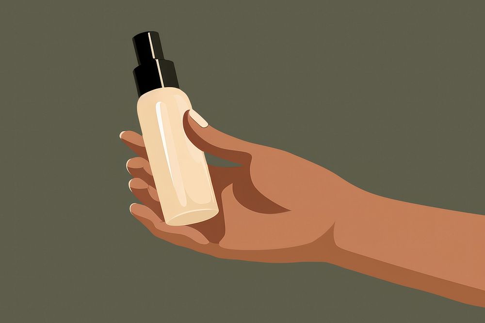 Hand holding cosmetic cosmetics bottle container. 