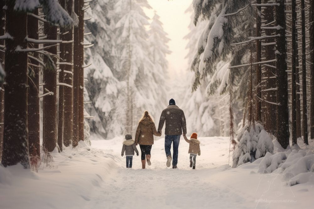 Family walking forest snow. AI generated Image by rawpixel.