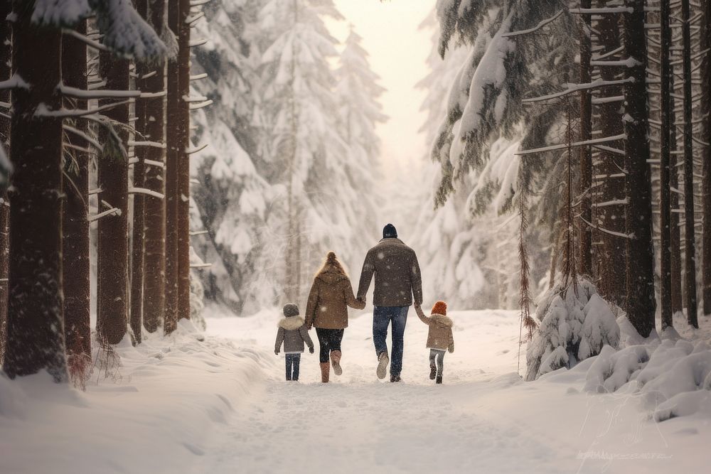 Family walking forest snow. 