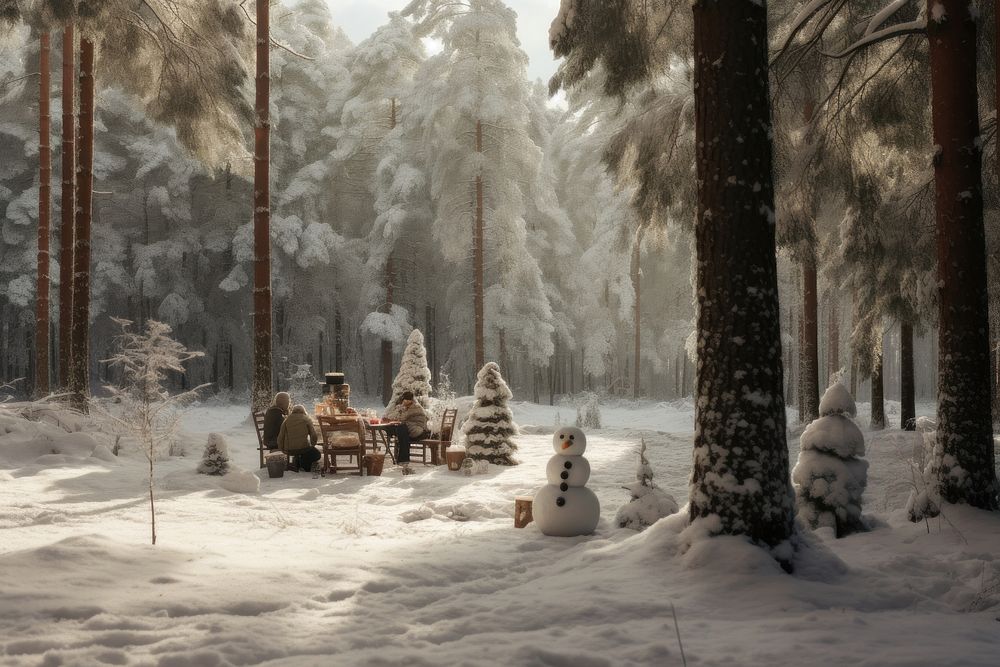 Family picnicking forest snow outdoors. 