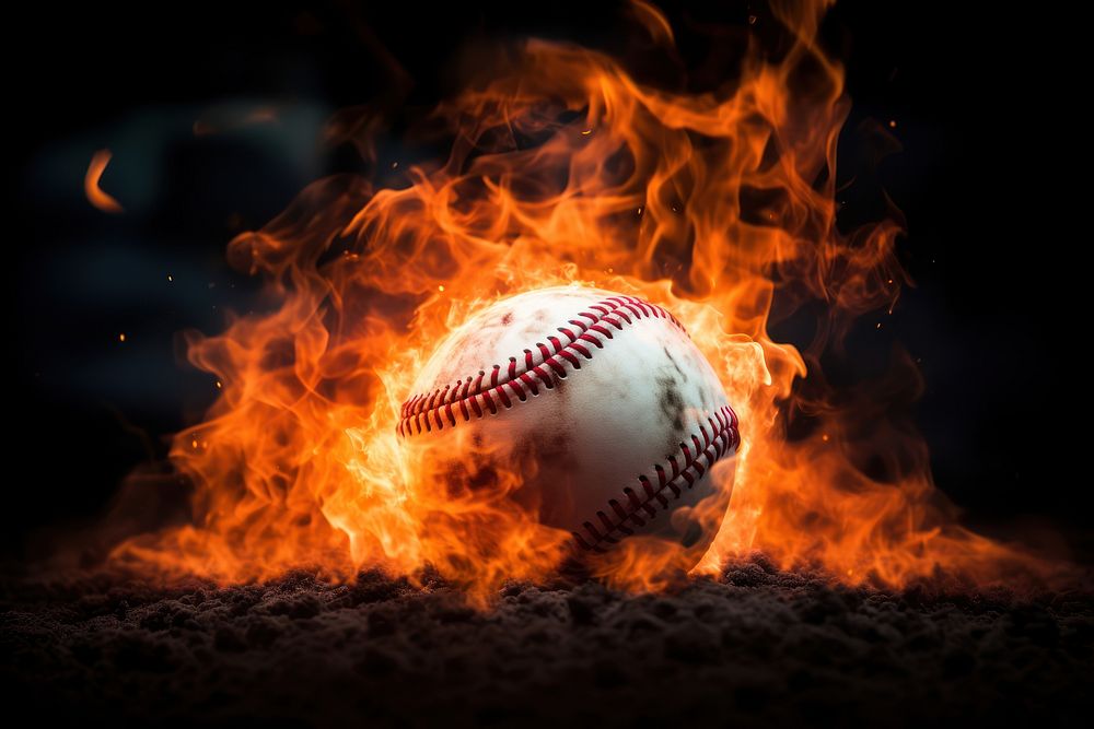 Photo of close up shot of a baseball on fire.  