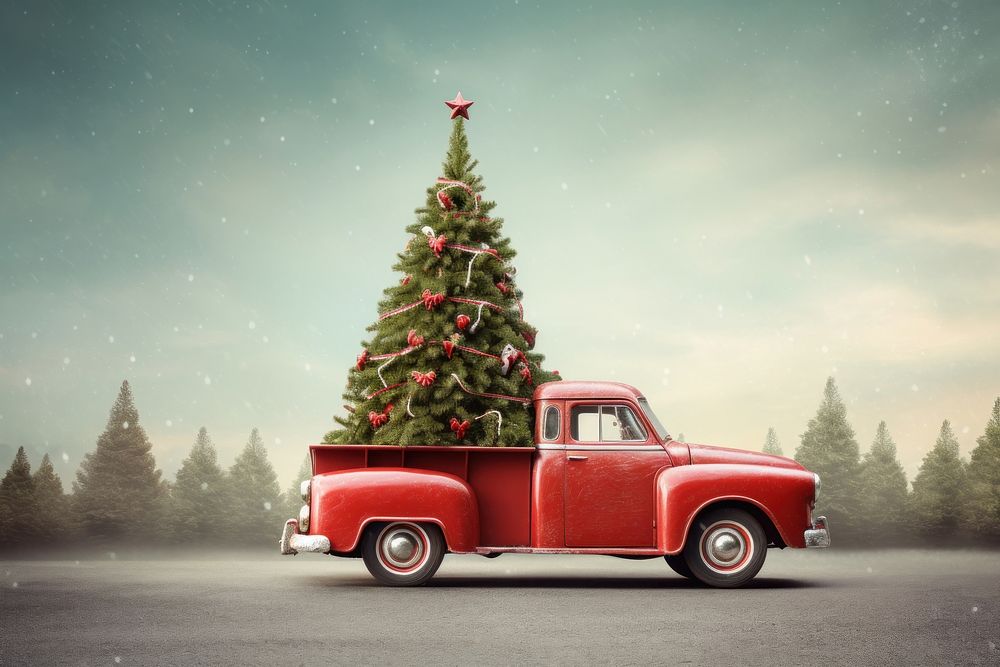Little Red Vintage Car Carrying A Christmas Tree christmas tree vehicle. AI generated Image by rawpixel.