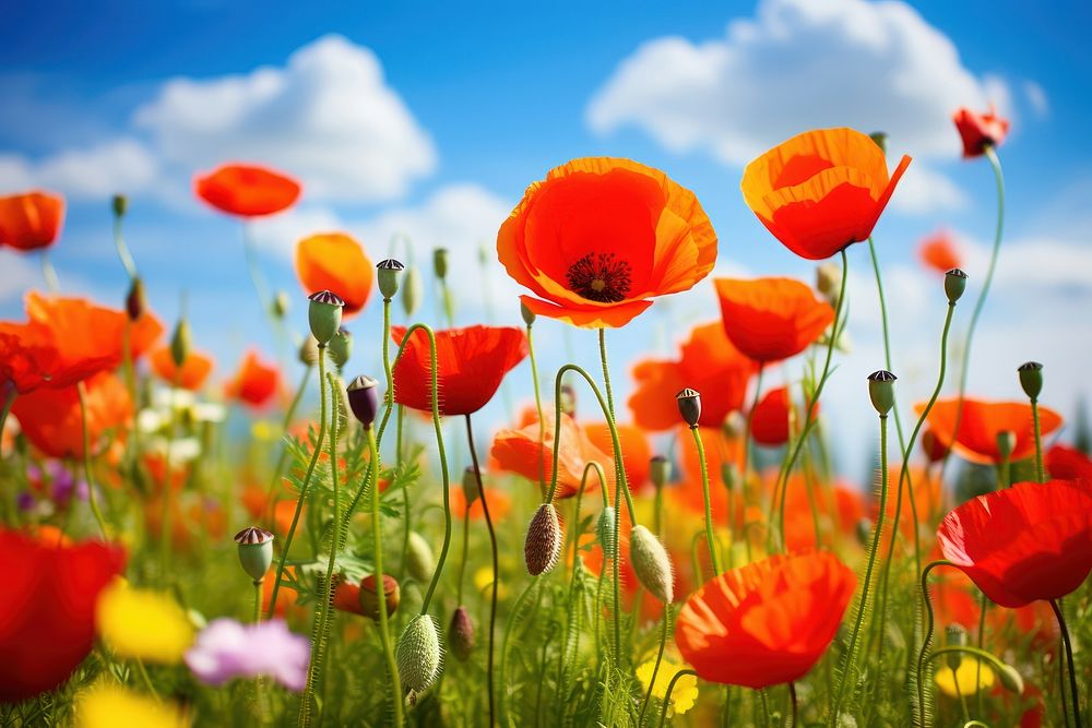 Poppies flower backgrounds grassland landscape. AI generated Image by rawpixel.