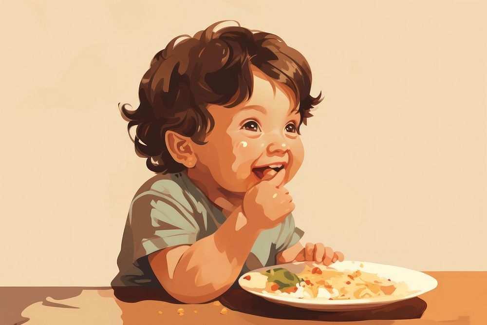 Eating baby biting food eating innocence happiness. AI generated Image by rawpixel.