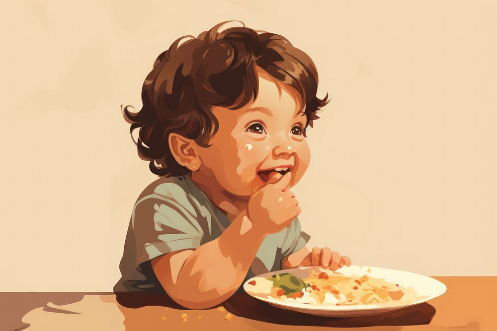 Eating baby biting food eating innocence happiness. 