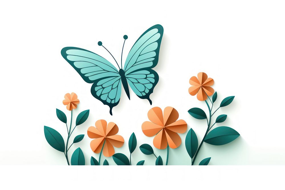 Butterfly sniffing flower plant leaf white background. AI generated Image by rawpixel.