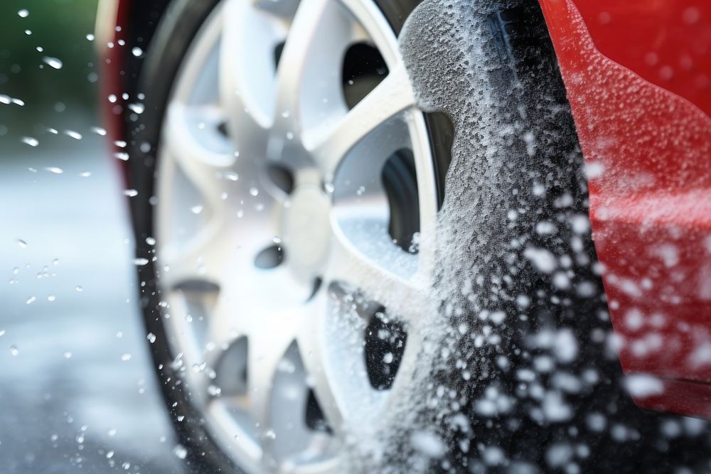 Sport car and soap foam from car wash vehicle wheel transportation.