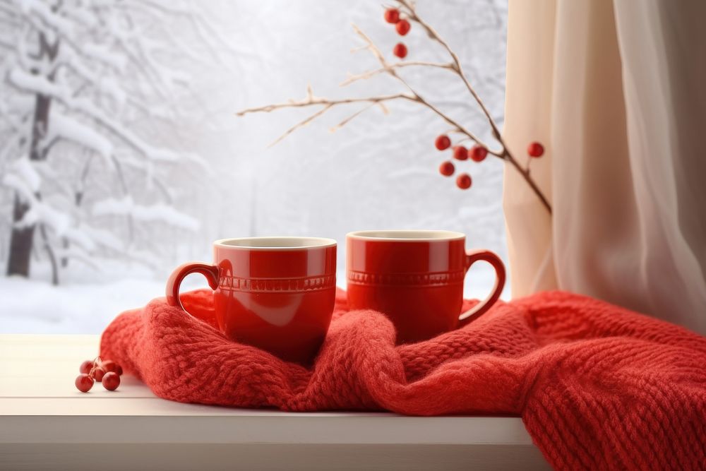 Red mugs coffee winter window. 