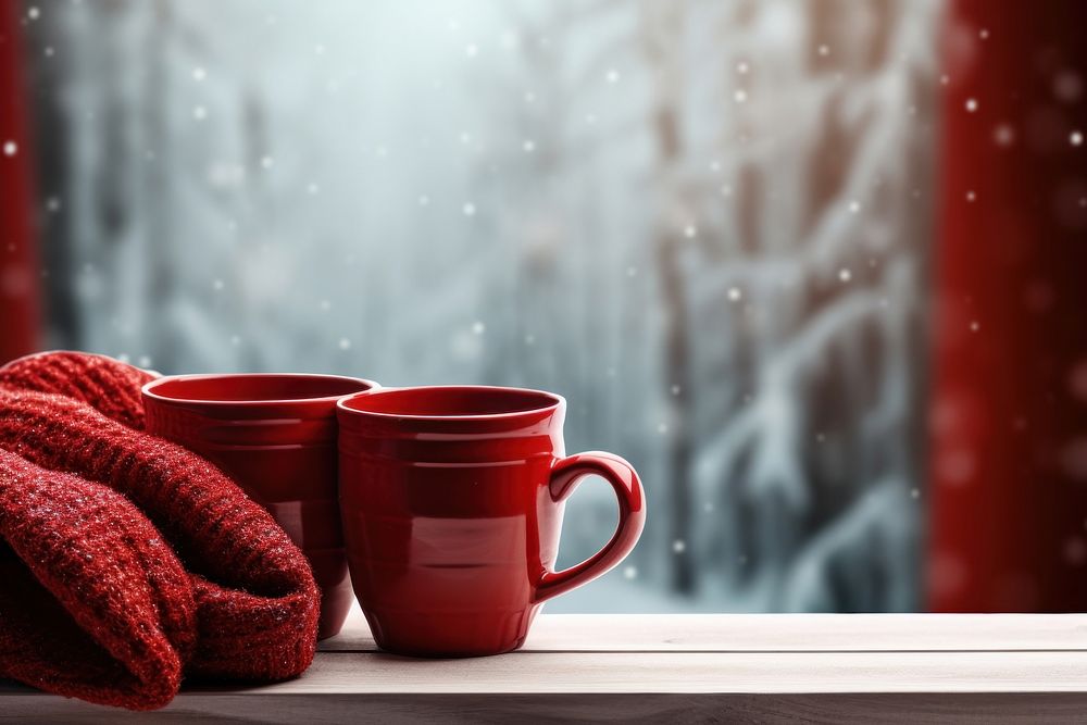 Red mugs winter coffee window. 