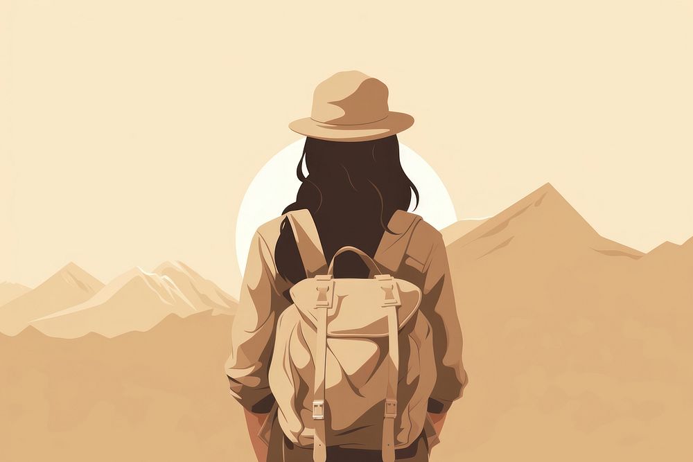 Female adventurer backpack outdoors nature. 