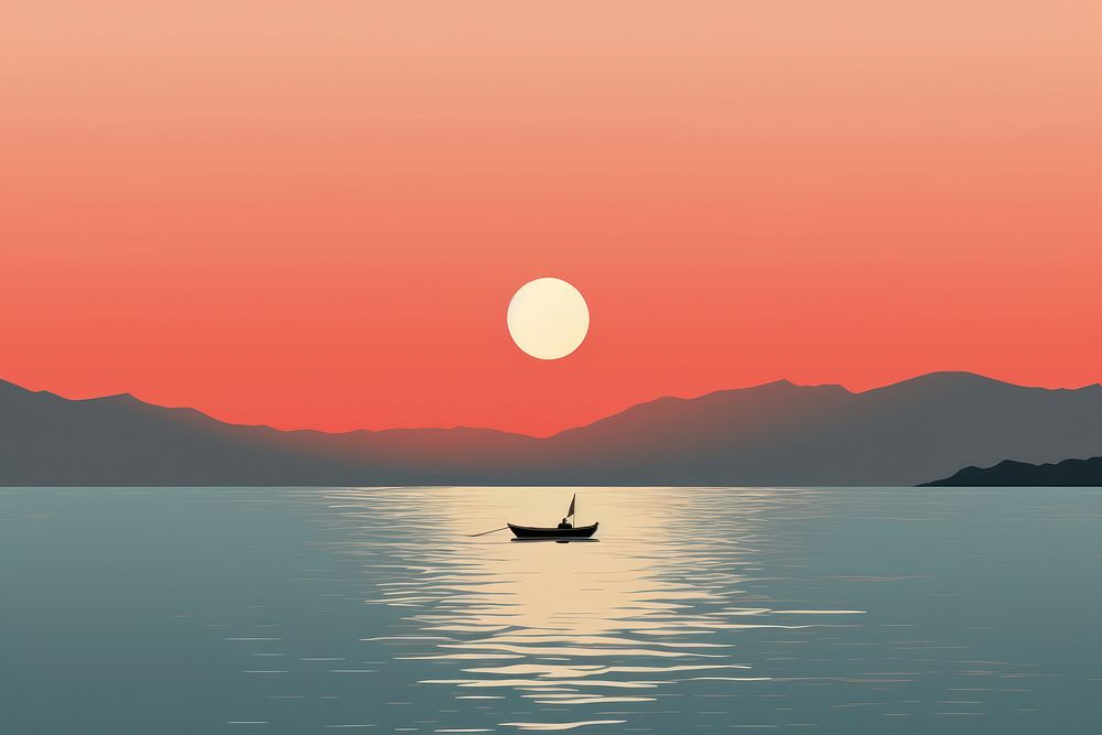 Straight ocean boat silhouette landscape. 