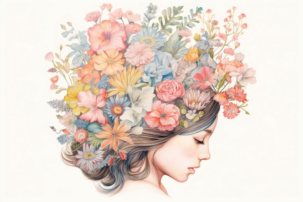Flower garden inside female head drawing portrait painting. AI generated Image by rawpixel.