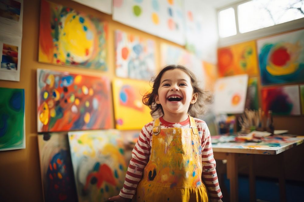 A happy female chubby child showing painted photography portrait smile. 