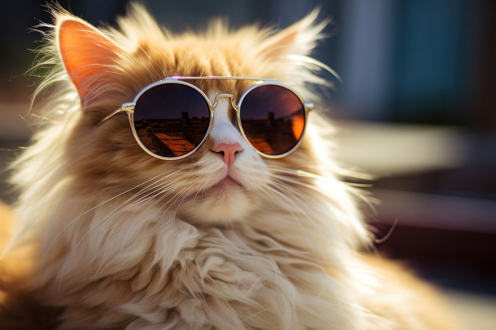 Fluffy cat sunglasses mammal animal. 