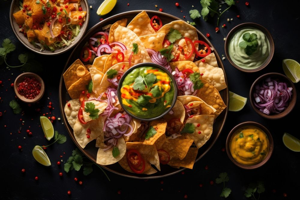 Indian food nachos snack plate. 