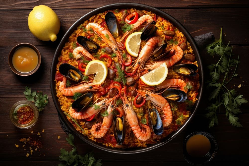 Spanish Cuisine seafood paella pizza. 