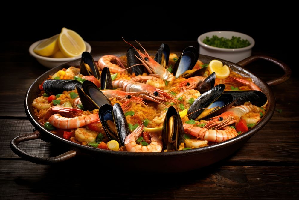 Spanish Cuisine seafood paella lobster. 