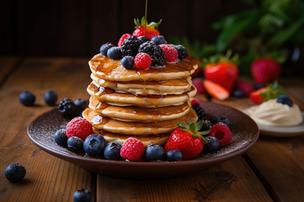 Healthy beakfast blueberry pancake fruit. AI generated Image by rawpixel.
