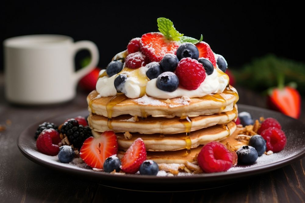 Healthy breakfast blueberry pancake fruit. AI generated Image by rawpixel.