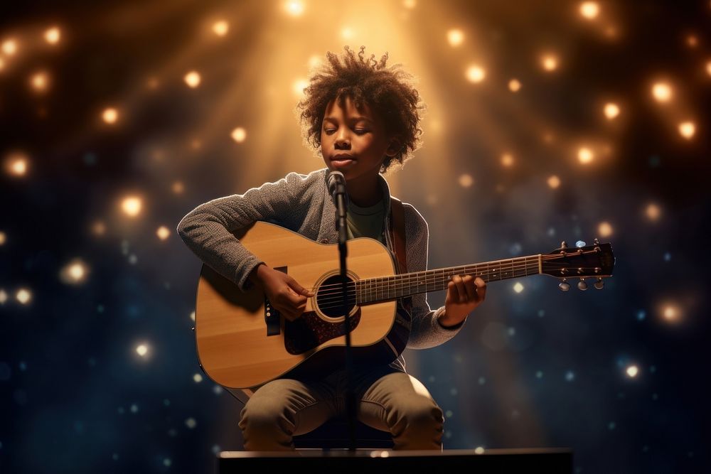 A 7 years old black boy playing acoustic guitar spot light lighting talent show scene microphone. AI generated Image by…