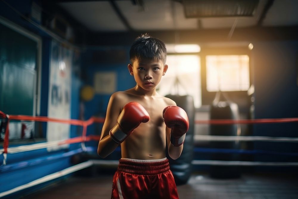 Thai boy practicng muay thai boxing punching sports. 