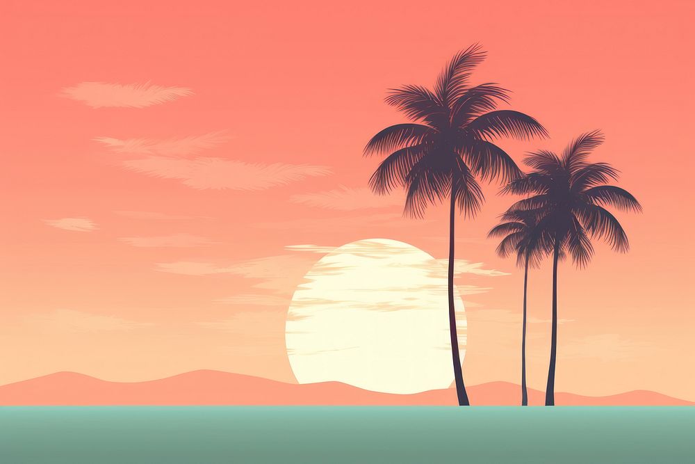 Tropical palm tree landscape outdoors sunset. 