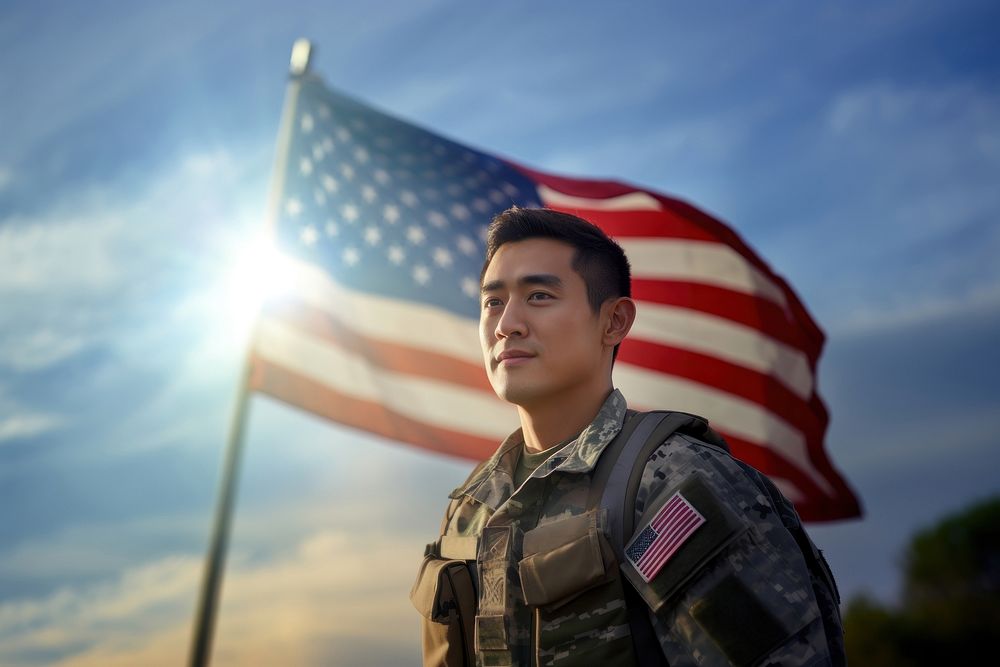 Asian man soldier flag military adult. 