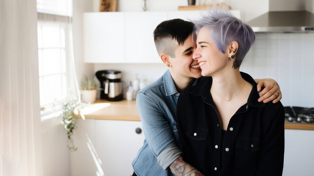 Kissing portrait smiling kitchen. AI generated Image by rawpixel.