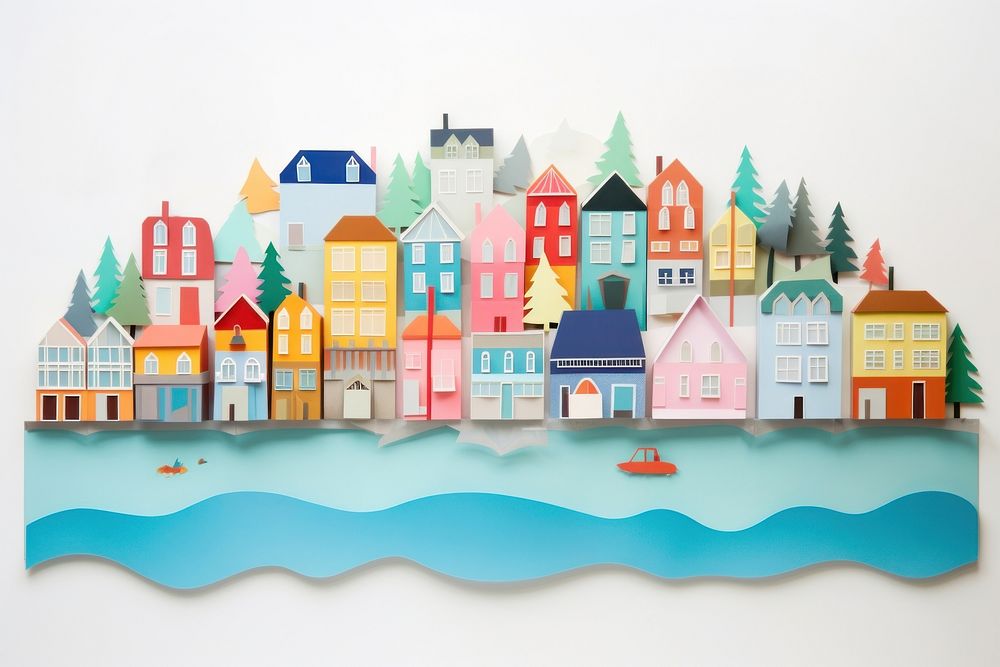 Coastal town painting architecture building. AI generated Image by rawpixel.